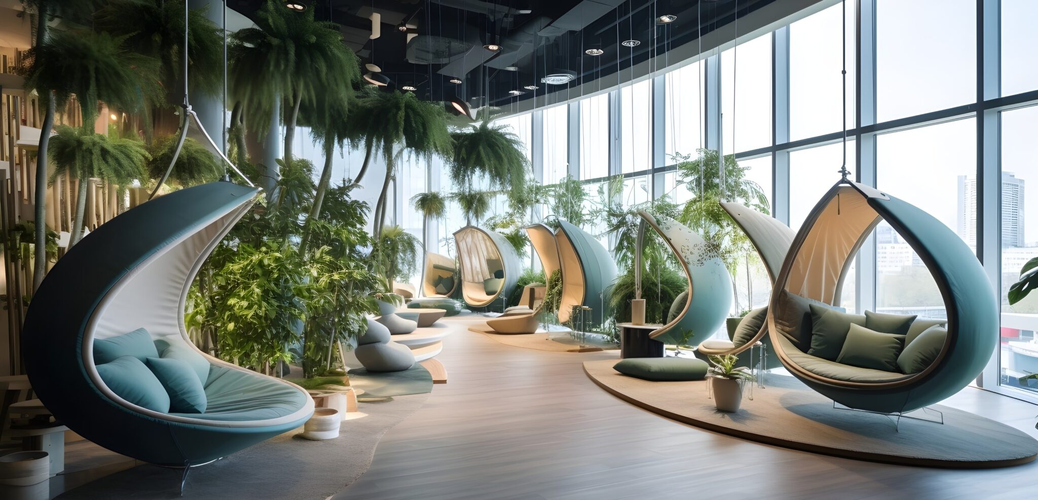 A contemporary office setting is captured in this image, complete with suspended seating and verdant foliage, promoting a calm and productive environment.