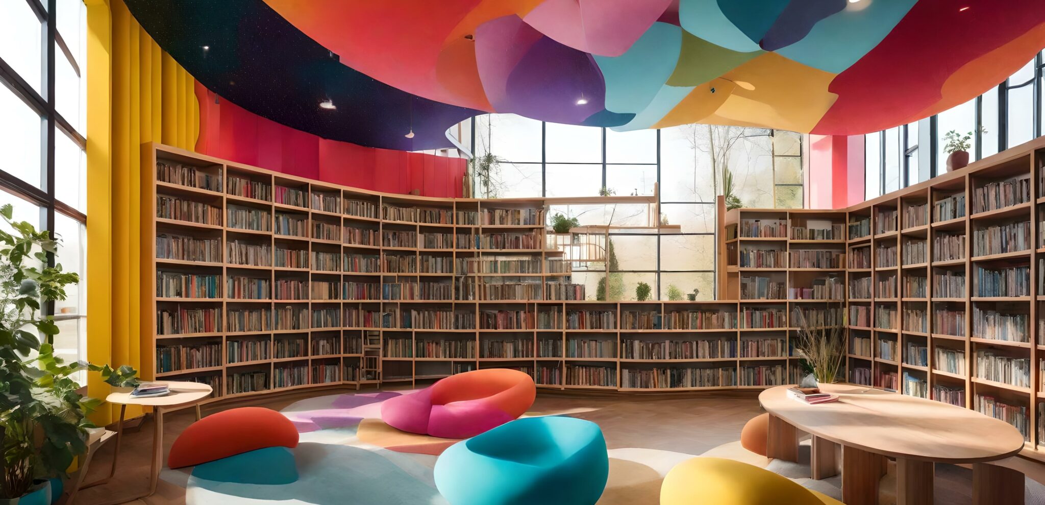 A vibrant library filled with lively chairs and bookshelves bursting with a rainbow of colors.