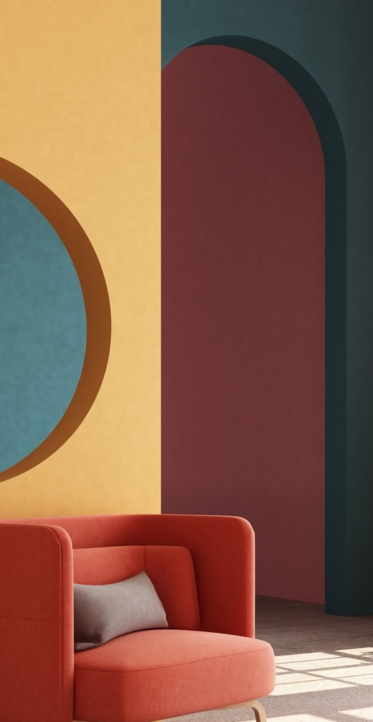 An orange-red chair with a brown cushion in front of a yellow feature wall and mixture of colours in the further away walls