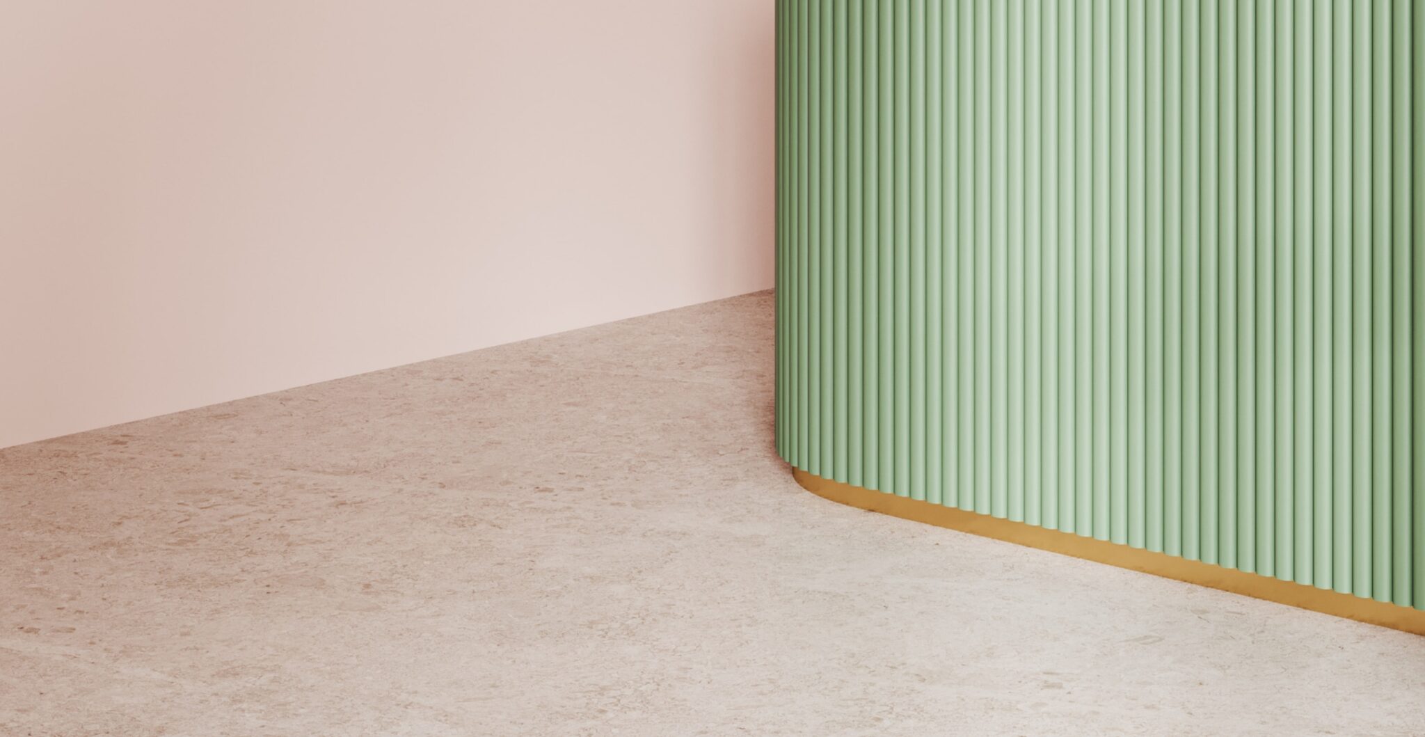 A vibrant green wall with a shiny gold trim and a playful pink floor.