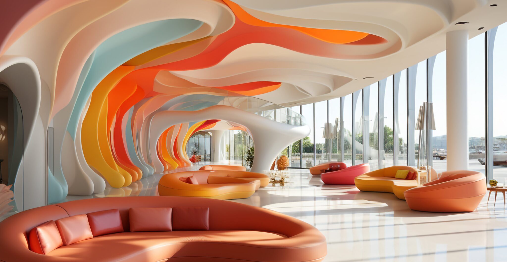 A vibrant lobby adorned with furniture in shades of orange, blue, and yellow.