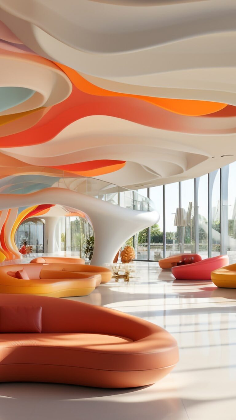 A vibrant lobby adorned with furniture in shades of orange, blue, and yellow.